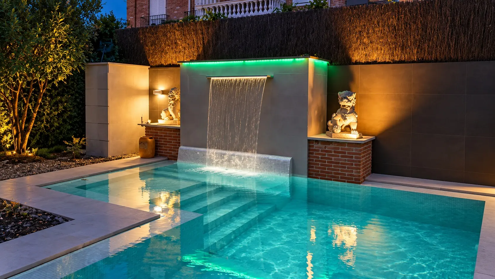 Piscina reconstruida en Leganés de noche, con cascada iluminada, leones Fu e iluminación LED (recreación digital a partir de la fotografía de obra)