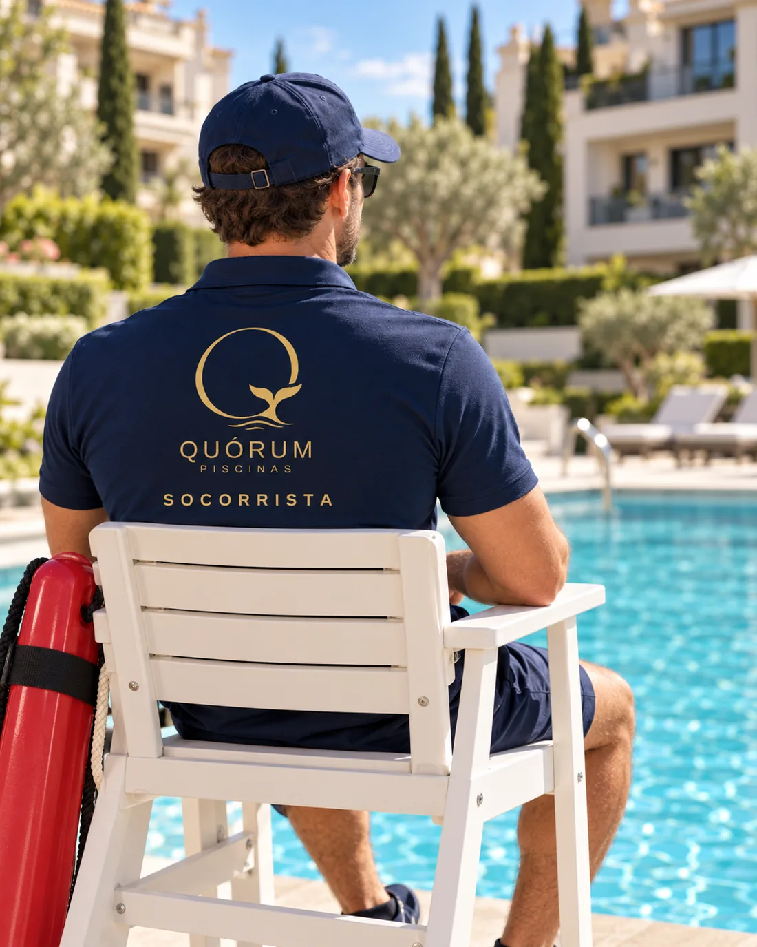 Socorrista de Quórum Piscinas de espaldas en su silla de vigilancia, con el logotipo y la palabra SOCORRISTA en la espalda del polo